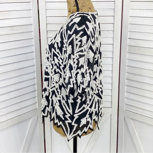 Miss Paillette Pearl Embellished Silk Pullover Blouse Black White Large - Picture 2 of 11
